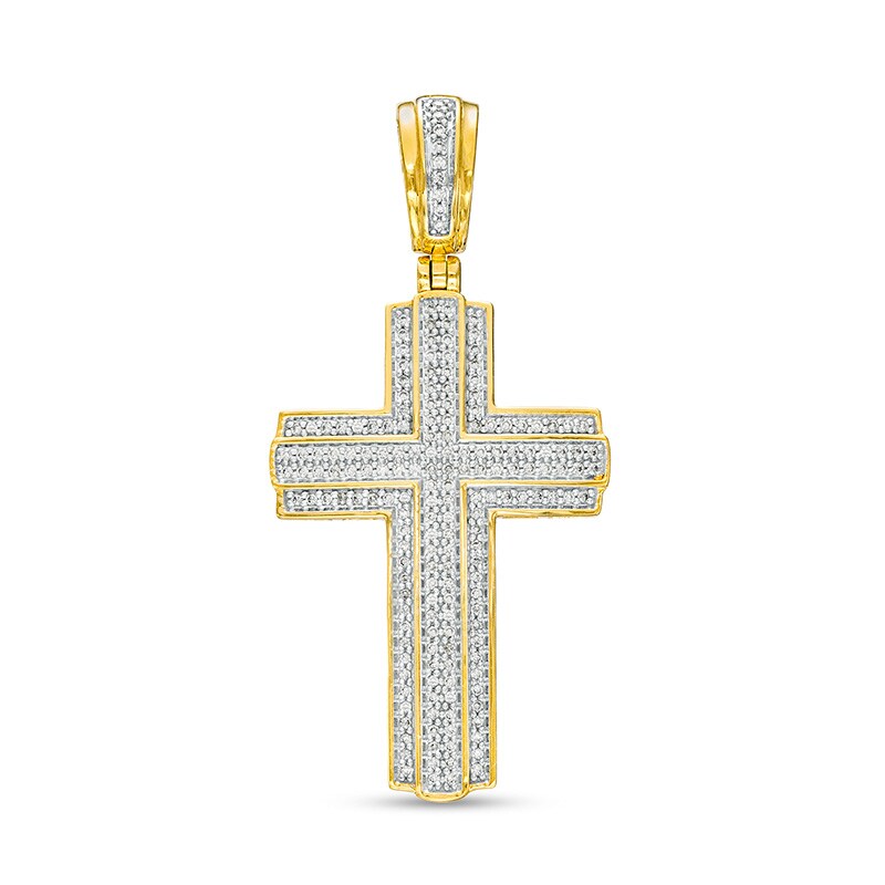 Main Image 1 of Previously Owned - 1/2 CT. T.W. Diamond Cross Triple Row Necklace Charm in 10K Gold