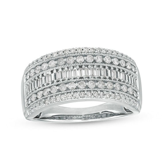 Previously Owned - 1/2 CT. T.w. Baguette and Round Diamond Multi-Row Anniversary Band in 10K White Gold