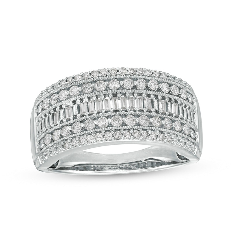Main Image 1 of Previously Owned - 1/2 CT. T.W. Baguette and Round Diamond Multi-Row Anniversary Band in 10K White Gold