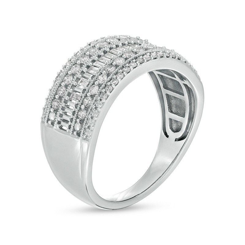 Main Image 3 of Previously Owned - 1/2 CT. T.W. Baguette and Round Diamond Multi-Row Anniversary Band in 10K White Gold