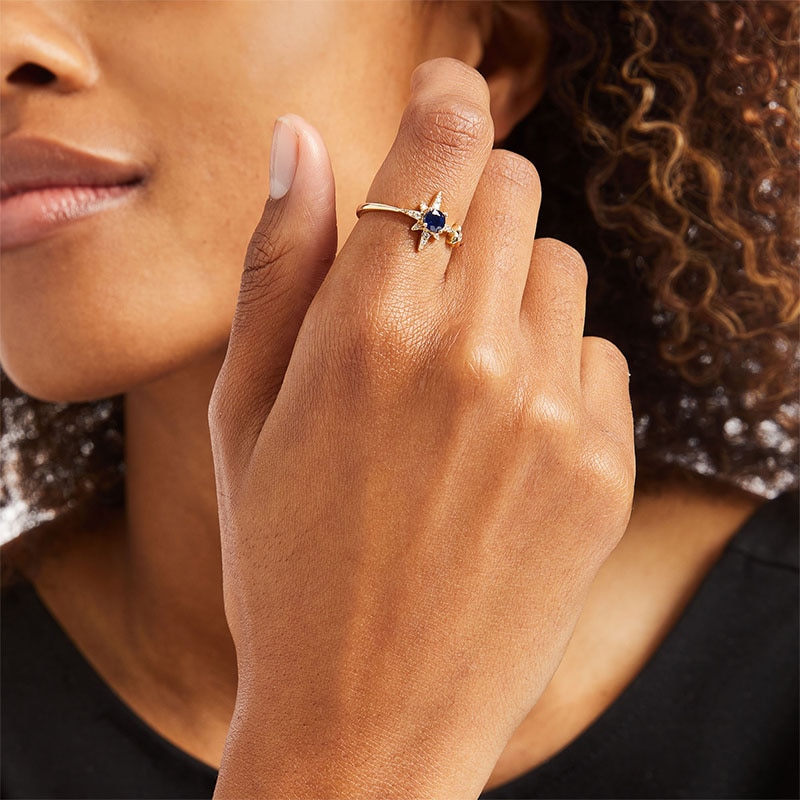 Main Image 2 of Previously Owned - Blue Sapphire and 1/10 CT. T.W. Diamond Double Star Ring in 10K Gold