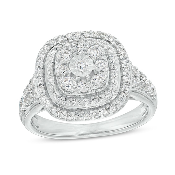 Previously Owned - 1 CT. T.w. Diamond Triple Cushion-Shaped Double Frame Ring in 10K White Gold