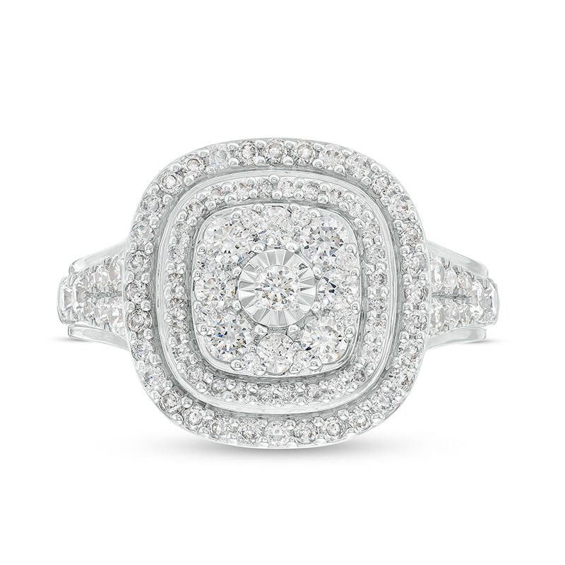 Main Image 4 of Previously Owned - 1 CT. T.W. Diamond Triple Cushion-Shaped Double Frame Ring in 10K White Gold
