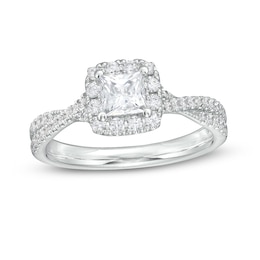 Previously Owned - 1 CT. T.W. Princess-Cut Diamond Frame Crossover Shank Engagement Ring in Platinum (I/SI2)