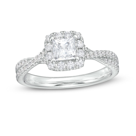 Previously Owned - 1 CT. T.w. Princess-Cut Diamond Frame Crossover Shank Engagement Ring in Platinum (I/Si2)
