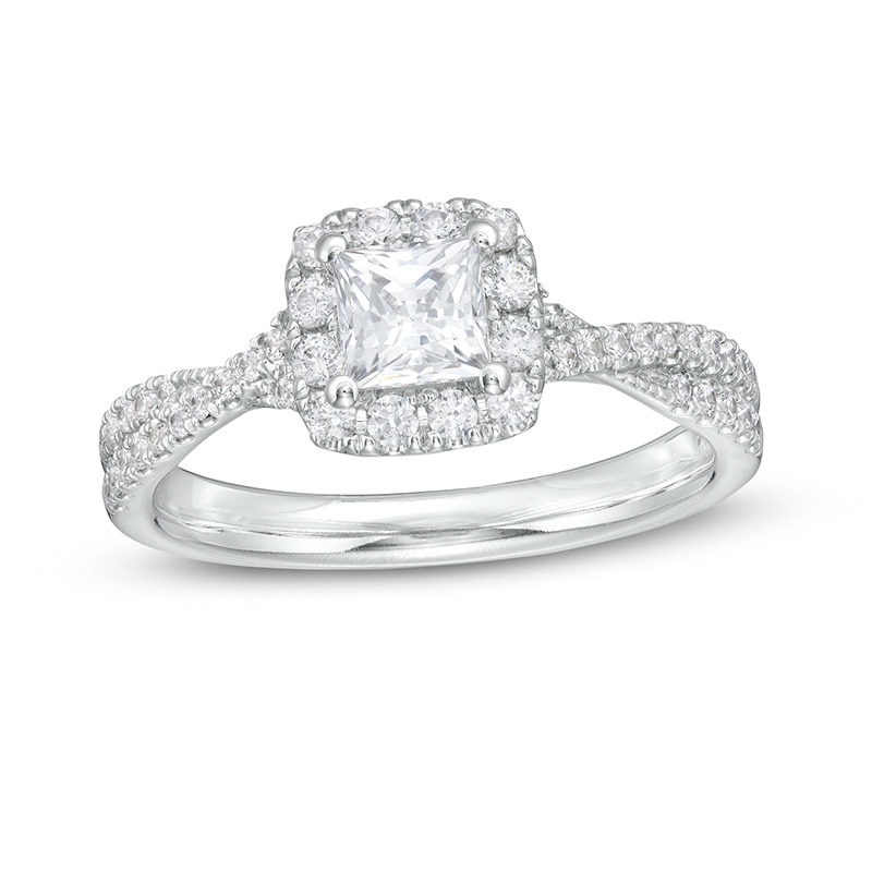 Main Image 1 of Previously Owned - 1 CT. T.W. Princess-Cut Diamond Frame Crossover Shank Engagement Ring in Platinum (I/SI2)