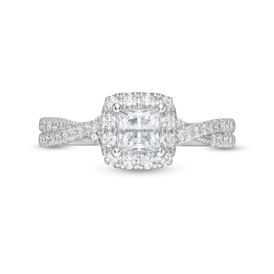 Previously Owned - 1 CT. T.w. Princess-Cut Diamond Frame Crossover Shank Engagement Ring in Platinum (I/Si2)