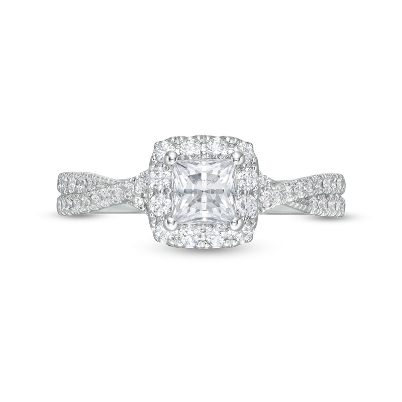 Main Image 4 of Previously Owned - 1 CT. T.W. Princess-Cut Diamond Frame Crossover Shank Engagement Ring in Platinum (I/SI2)