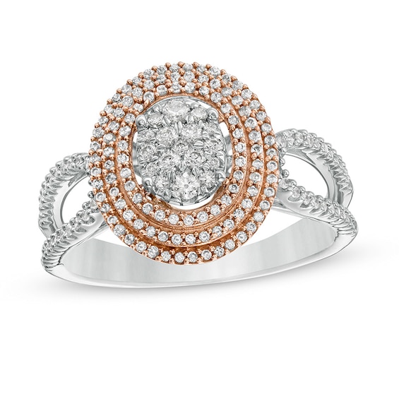 Previously Owned - 1/2 CT. T.w. Composite Diamond Triple Frame Split Shank Ring in 10K Two-Toned Gold