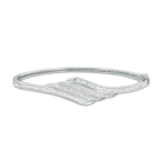 Previously Owned - 1 CT. T.w. Baguette and Round Diamond Wave Bangle in Sterling Silver