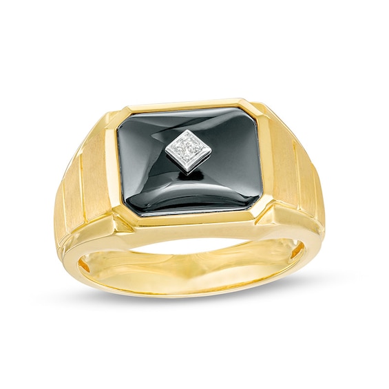Previously Owned - Emerald-Cut Onyx and Diamond Accent Grooved Shank Ring in 10K Gold