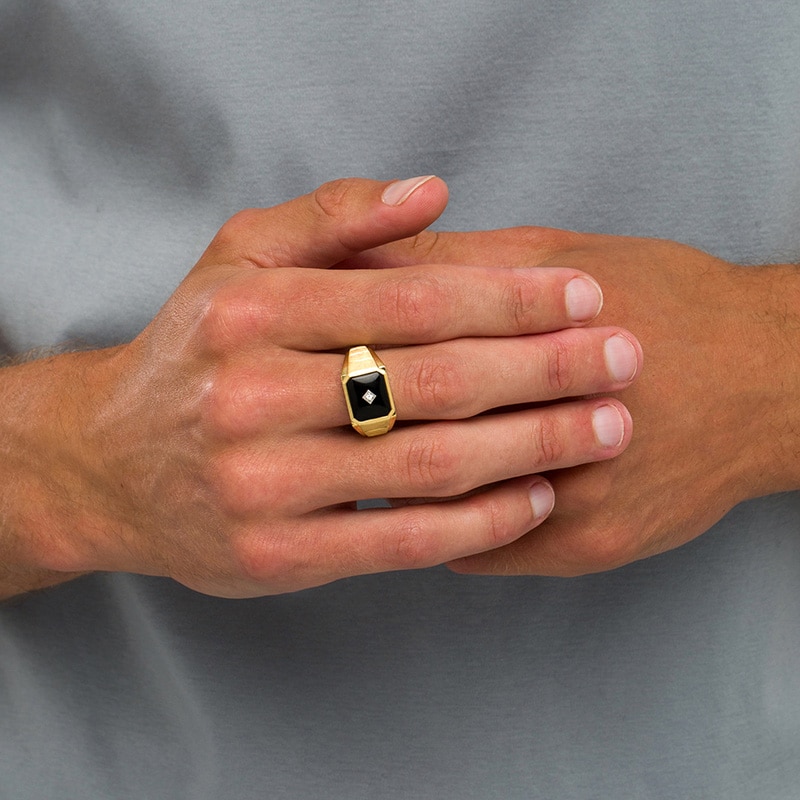 Main Image 2 of Previously Owned - Emerald-Cut Onyx and Diamond Accent Grooved Shank Ring in 10K Gold