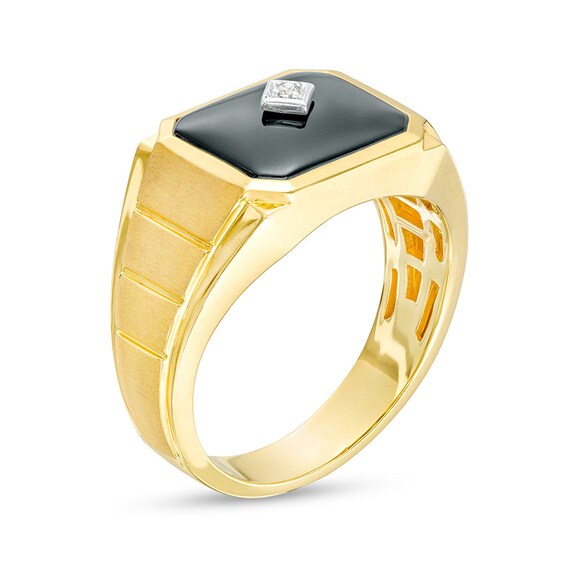 Previously Owned - Emerald-Cut Onyx and Diamond Accent Grooved Shank Ring in 10K Gold