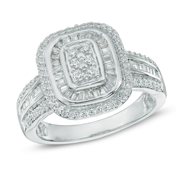 Previously Owned - 3/4 CT. T.w. Multi-Diamond Rectangular Double Frame Ring in 10K White Gold