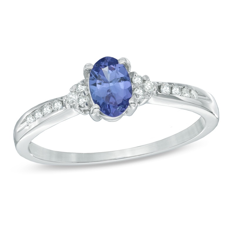 Main Image 1 of Previously Owned - Oval Tanzanite and 1/10 CT. T.W. Diamond Frame Engagement Ring in 14K White Gold