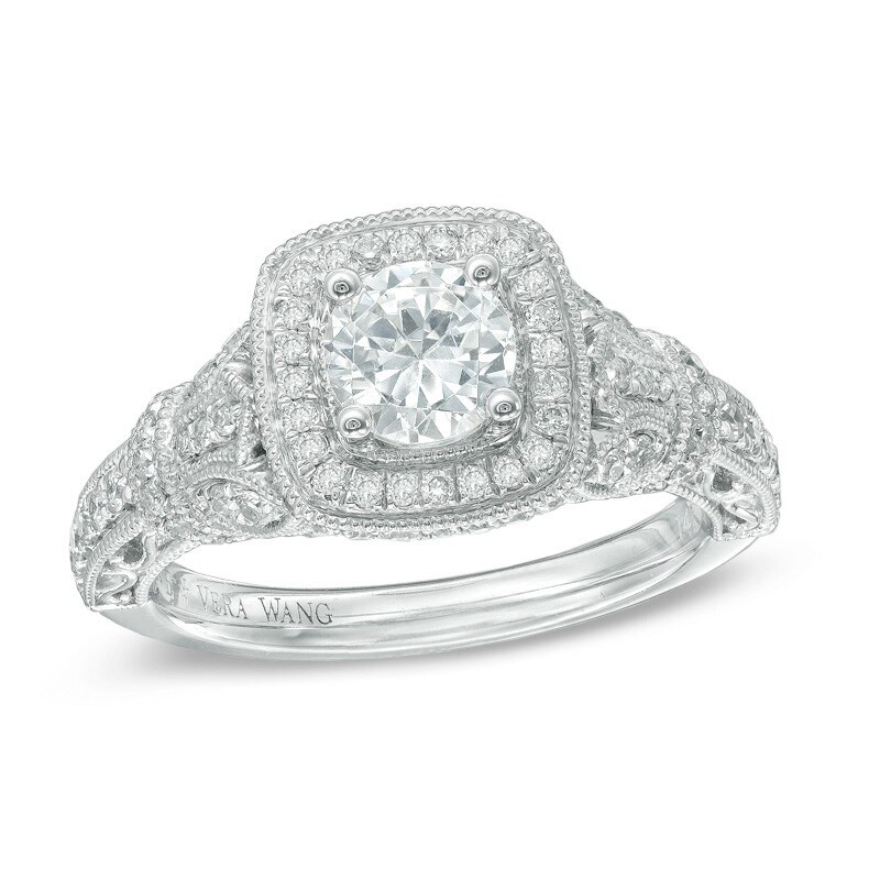 Main Image 1 of Previously Owned - Vera Wang Love Collection 1-1/5 CT. T.W. Diamond Frame Vintage-Style Engagement Ring in 14K White Gold