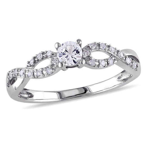 Previously Owned - 3.5mm Lab-Created White Sapphire and 1/15 CT. T.w. Diamond Promise Ring in 10K White Gold