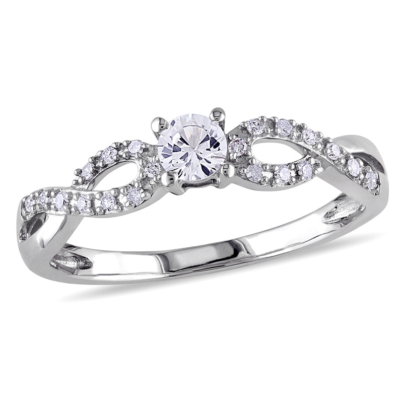Main Image 1 of Previously Owned - 3.5mm Lab-Created White Sapphire and 1/15 CT. T.W. Diamond Promise Ring in 10K White Gold