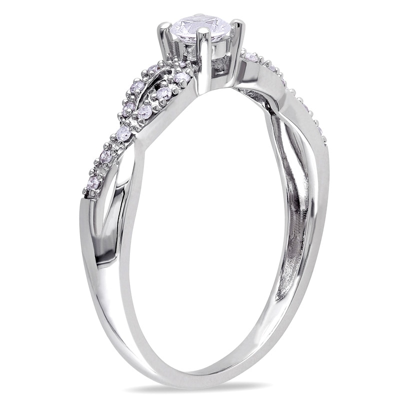Main Image 2 of Previously Owned - 3.5mm Lab-Created White Sapphire and 1/15 CT. T.W. Diamond Promise Ring in 10K White Gold