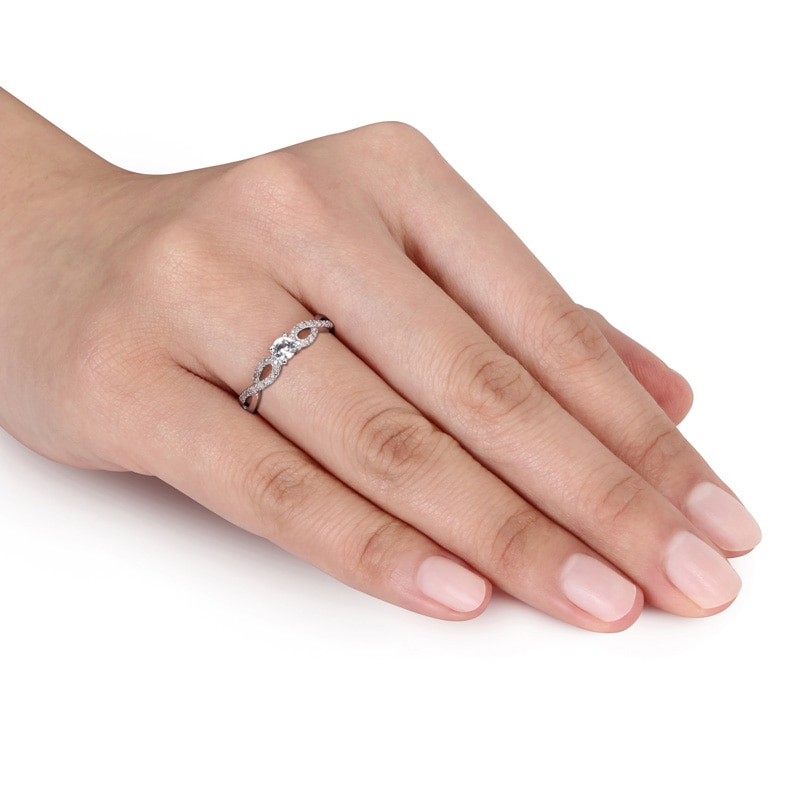 Main Image 3 of Previously Owned - 3.5mm Lab-Created White Sapphire and 1/15 CT. T.W. Diamond Promise Ring in 10K White Gold