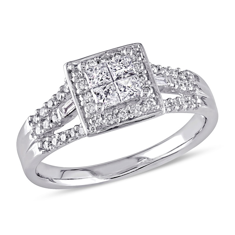 Main Image 1 of Previously Owned - 1/2 CT. T.W. Quad Princess-Cut Multi-Diamond Three Row Engagement Ring in 10K White Gold