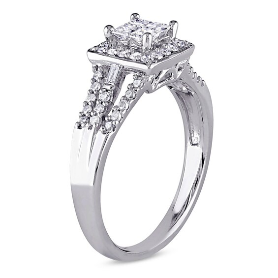 Previously Owned - 1/2 CT. T.w. Quad Princess-Cut Multi-Diamond Three Row Engagement Ring in 10K White Gold