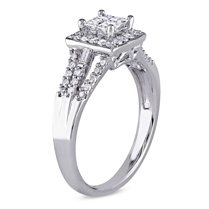 Main Image 2 of Previously Owned - 1/2 CT. T.W. Quad Princess-Cut Multi-Diamond Three Row Engagement Ring in 10K White Gold