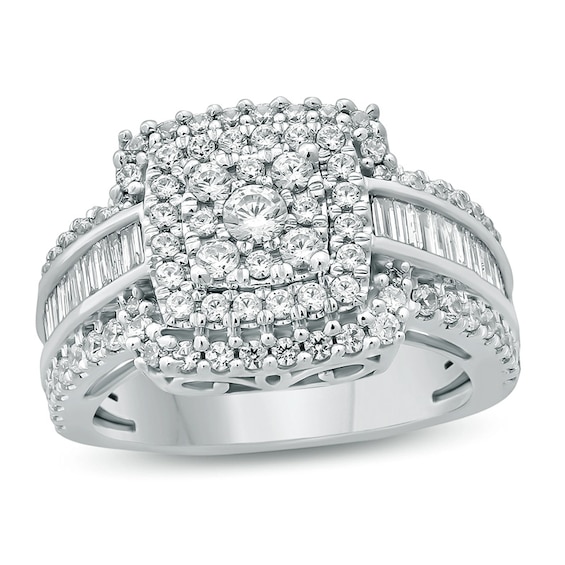 Previously Owned - 1-1/2 CT. T.w. Composite Diamond Square Frame Multi-Row Shank Engagement Ring in 10K White Gold