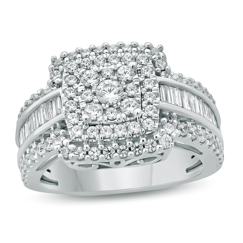 Main Image 1 of Previously Owned - 1-1/2 CT. T.W. Composite Diamond Square Frame Multi-Row Shank Engagement Ring in 10K White Gold