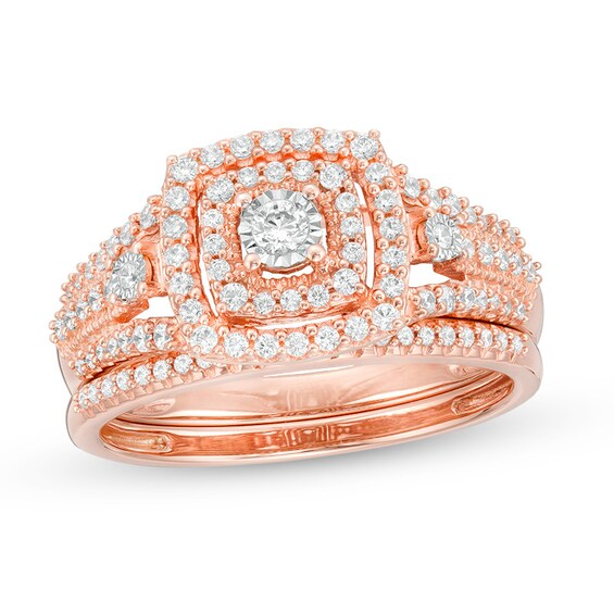 Previously Owned - 1/2 CT. T.w. Diamond Double Cushion Frame Vintage-Style Bridal Set in 10K Rose Gold