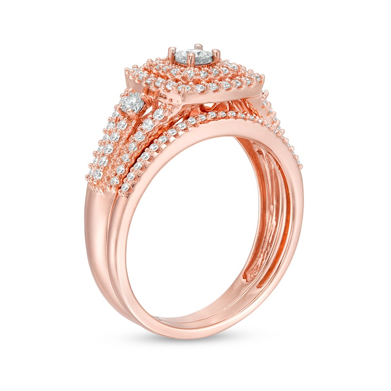 Main Image 3 of Previously Owned - 1/2 CT. T.W. Diamond Double Cushion Frame Vintage-Style Bridal Set in 10K Rose Gold