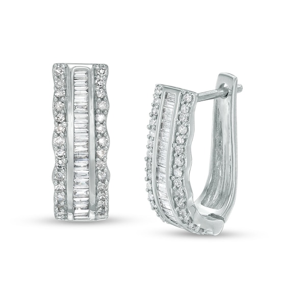 Previously Owned - 1/2 CT. T.w. Baguette and Round Diamond Three-Row Hoop Earrings in Sterling Silver
