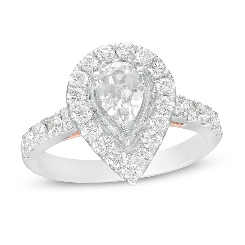 Main Image 1 of Previously Owned - 1-1/2 CT. T.W. Pear-Shaped Diamond Frame Vintage-Style Engagement Ring in 14K Two-Tone Gold