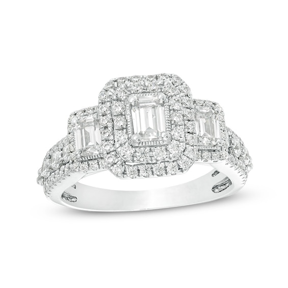 Previously Owned - 1-1/2 CT. T.w. Emerald Diamond Past Present FutureÂ® Vintage-Style Engagement Ring in 14K White Gold