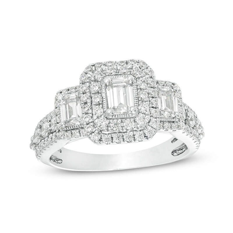 Main Image 1 of Previously Owned - 1-1/2 CT. T.W. Emerald Diamond Past Present Future® Vintage-Style Engagement Ring in 14K White Gold