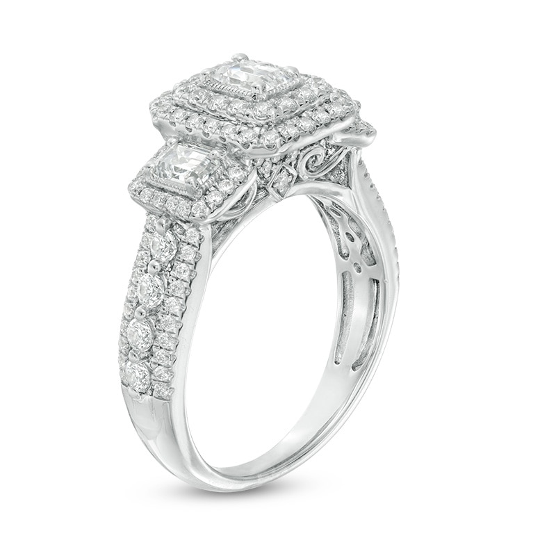 Main Image 2 of Previously Owned - 1-1/2 CT. T.W. Emerald Diamond Past Present Future® Vintage-Style Engagement Ring in 14K White Gold