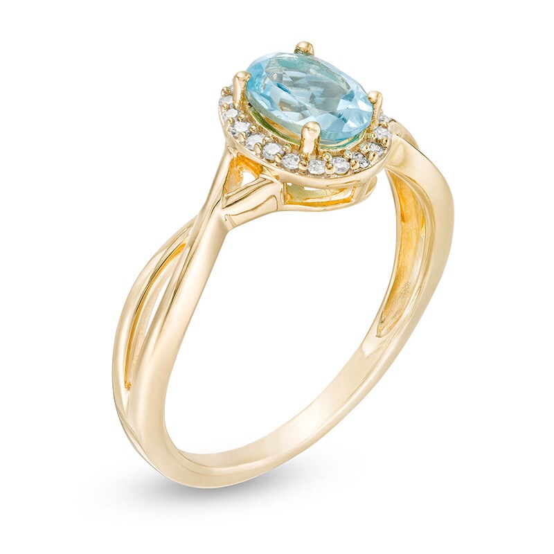 Main Image 3 of Previously Owned - Oval Swiss Blue Topaz and 1/15 CT. T.W. Diamond Frame Twist Shank Ring in 10K Gold