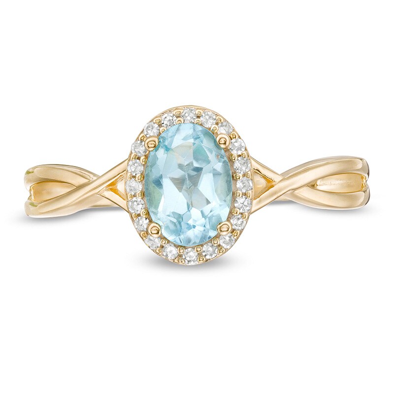 Main Image 4 of Previously Owned - Oval Swiss Blue Topaz and 1/15 CT. T.W. Diamond Frame Twist Shank Ring in 10K Gold