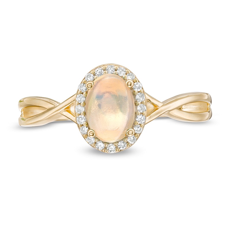 Main Image 4 of Previously Owned - Oval Opal and 1/15 CT. T.W. Diamond Frame Twist Shank Ring in 10K Gold