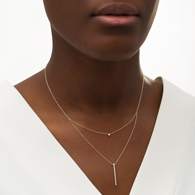Main Image 2 of Previously Owned - 1/5 CT. T.W. Diamond Linear Bar Double Strand Necklace in 10K Gold - 20"