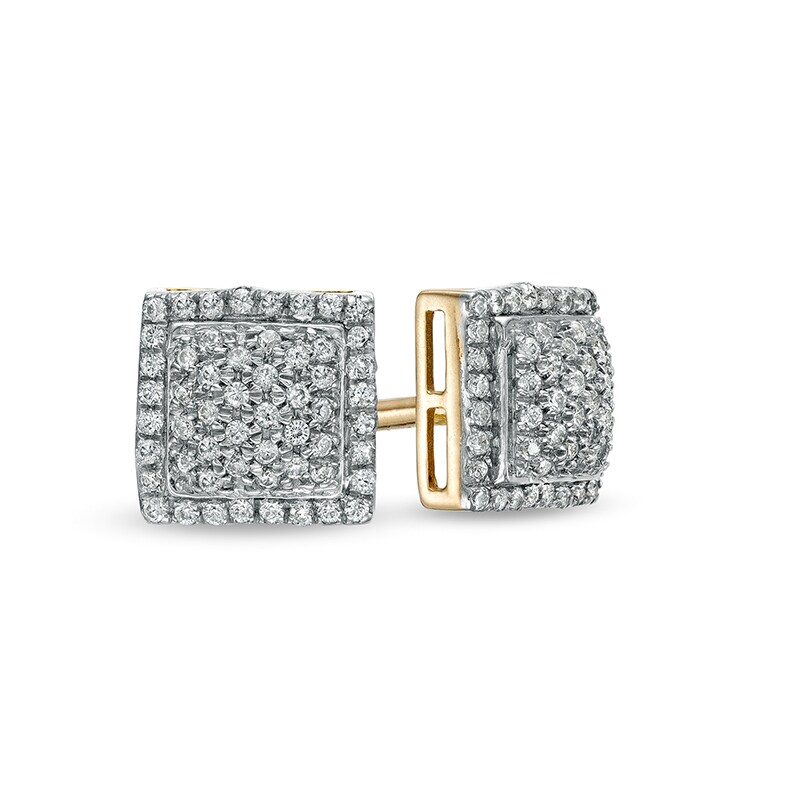 Main Image 1 of Previously Owned - 1/4 CT. T.W. Square Multi-Diamond Frame Convex Stud Earrings in 10K Gold