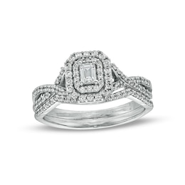 Previously Owned - 5/8 CT. T.W. Emerald-Cut Diamond Frame Bridal Set in 10K White Gold (I/I1)