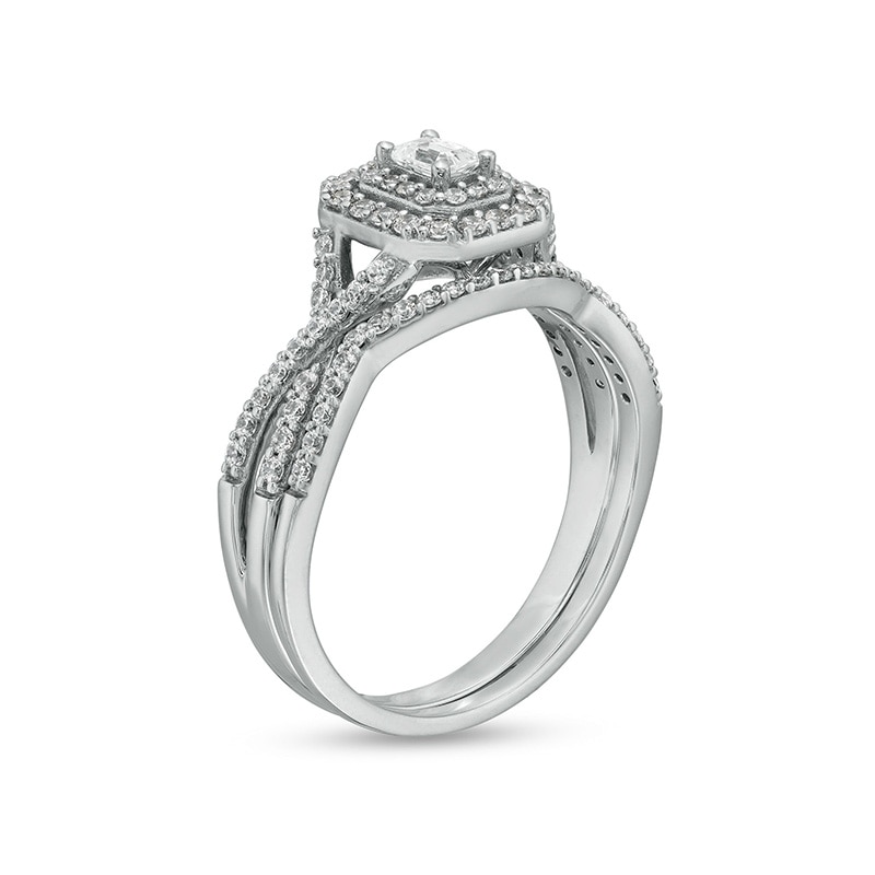 Main Image 3 of Previously Owned - 5/8 CT. T.W. Emerald-Cut Diamond Frame Bridal Set in 10K White Gold (I/I1)