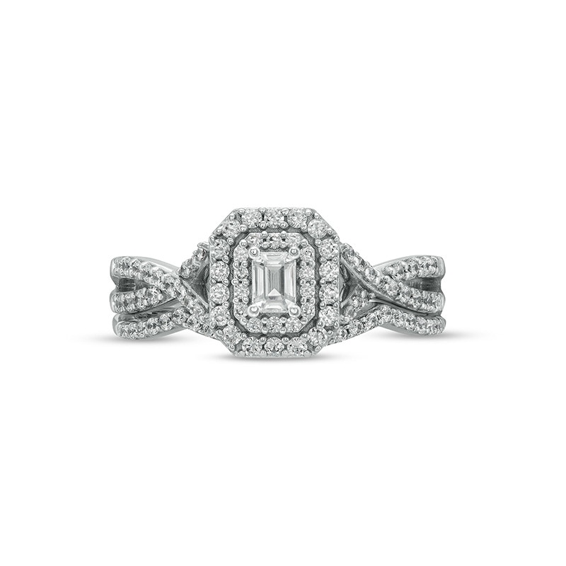 Main Image 4 of Previously Owned - 5/8 CT. T.W. Emerald-Cut Diamond Frame Bridal Set in 10K White Gold (I/I1)