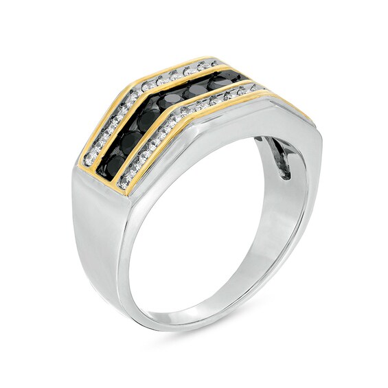 Previously Owned - 1 CT. T.w. Black Enhanced and White Diamond Triple Row Angle Bolt Ring in 10K Two-Tone Gold