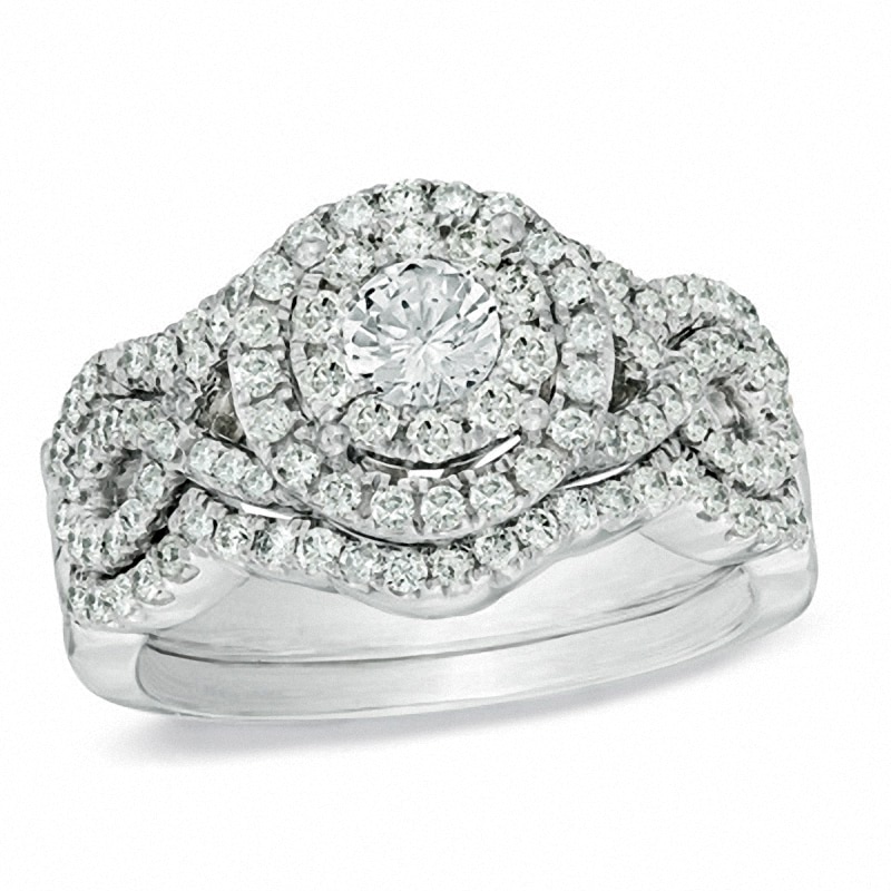 Main Image 1 of Previously Owned - 1-1/5 CT. T.W. Diamond Cluster Bridal Set in 14K White Gold