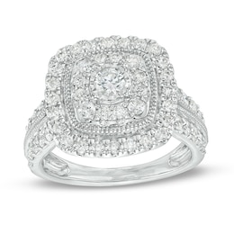 Previously Owned - 1-1/2 CT. T.W. Diamond Double Cushion Frame Vintage-Style Engagement Ring in 10K White Gold (J/I3)