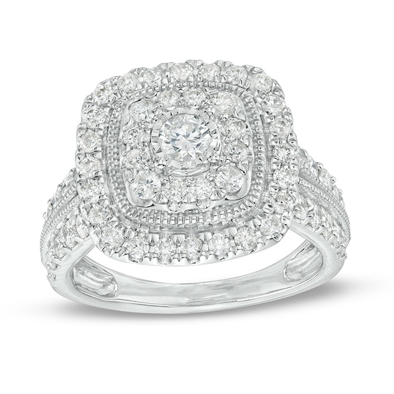 Previously Owned - 1-1/2 CT. T.w. Diamond Double Cushion Frame Vintage-Style Engagement Ring in 10K White Gold (J/I3)