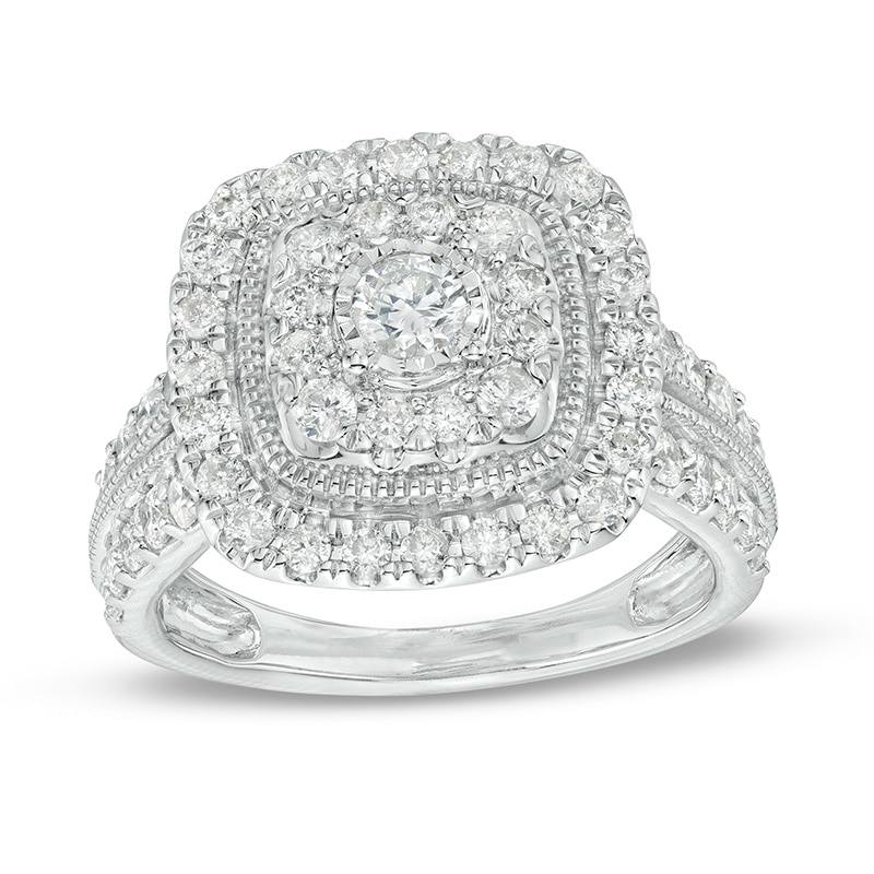 Main Image 1 of Previously Owned - 1-1/2 CT. T.W. Diamond Double Cushion Frame Vintage-Style Engagement Ring in 10K White Gold (J/I3)