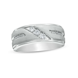 Previously Owned - 1/3 CT. T.W. Diamond Three Stone Slant Wedding Band in 10K White Gold